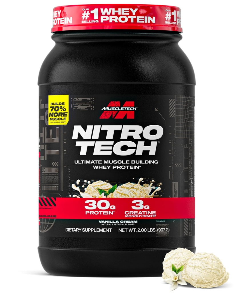 Muscletech vadakuvalgu pulber (Vanilla Cream, 2,2 naela) - Nitro-Tech Ultimate Lihaskoe ehitusvalem vadakuvalgu isolaadiga - 30 g valku, 3 g kreatiini ja 6,8 g BCAA - pakend võib varieeruda