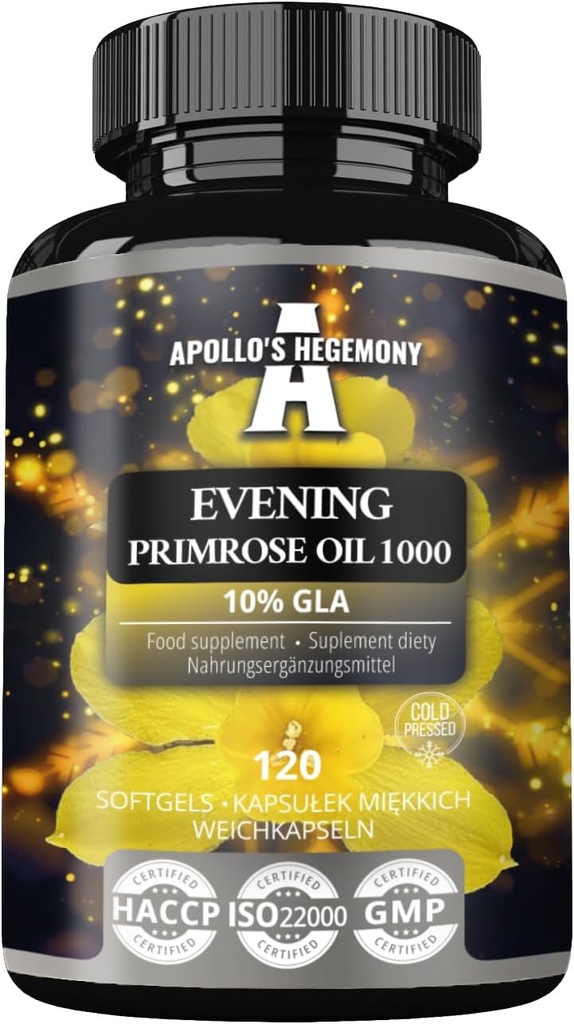 APOLLO õhtune Primrose õli 1000 mg koos E-vitamiiniga - sisaldab 100 mg GLA-hapet - 120 softgelkapslit - 4 kuud pakkumine - toidulisand hormoonide tasakaalu ja naha tervise toetamiseks