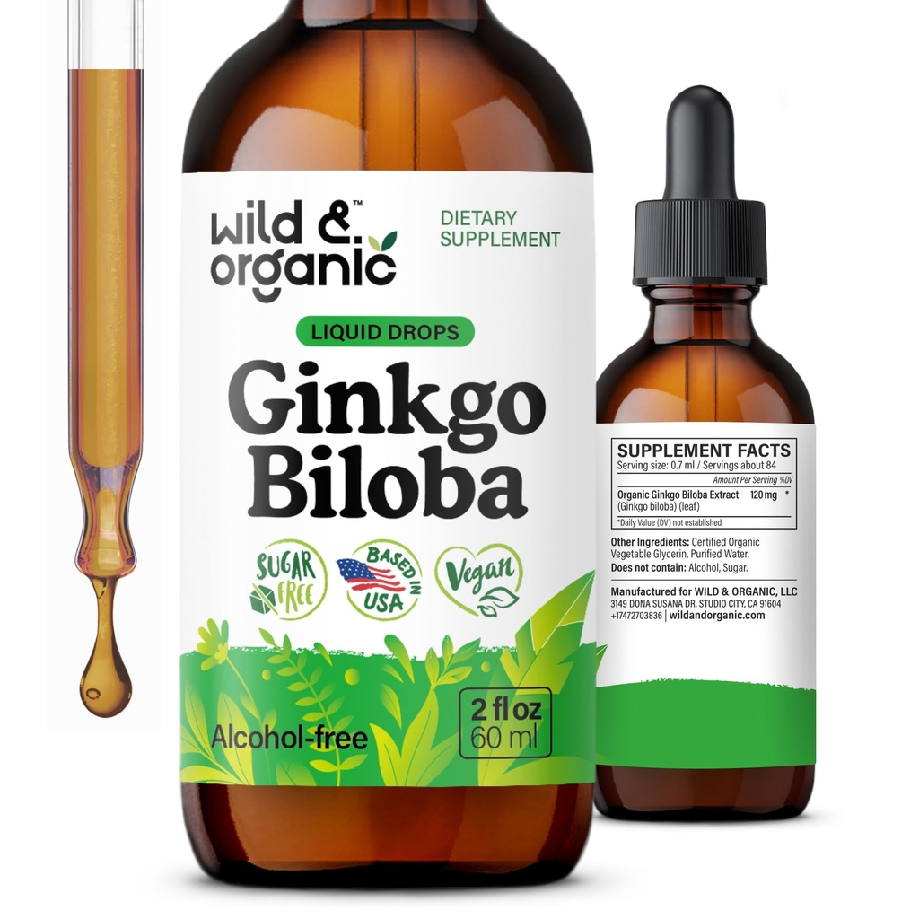 Wild & Organic Ginkgo Biloba Tinktuur - Aju ja fookuse toetamine Ginkgo Lehelisandiga - Vegan, suhkur ja alkoholivaba taimeekstrakt Tinktuur - 2 fl oz