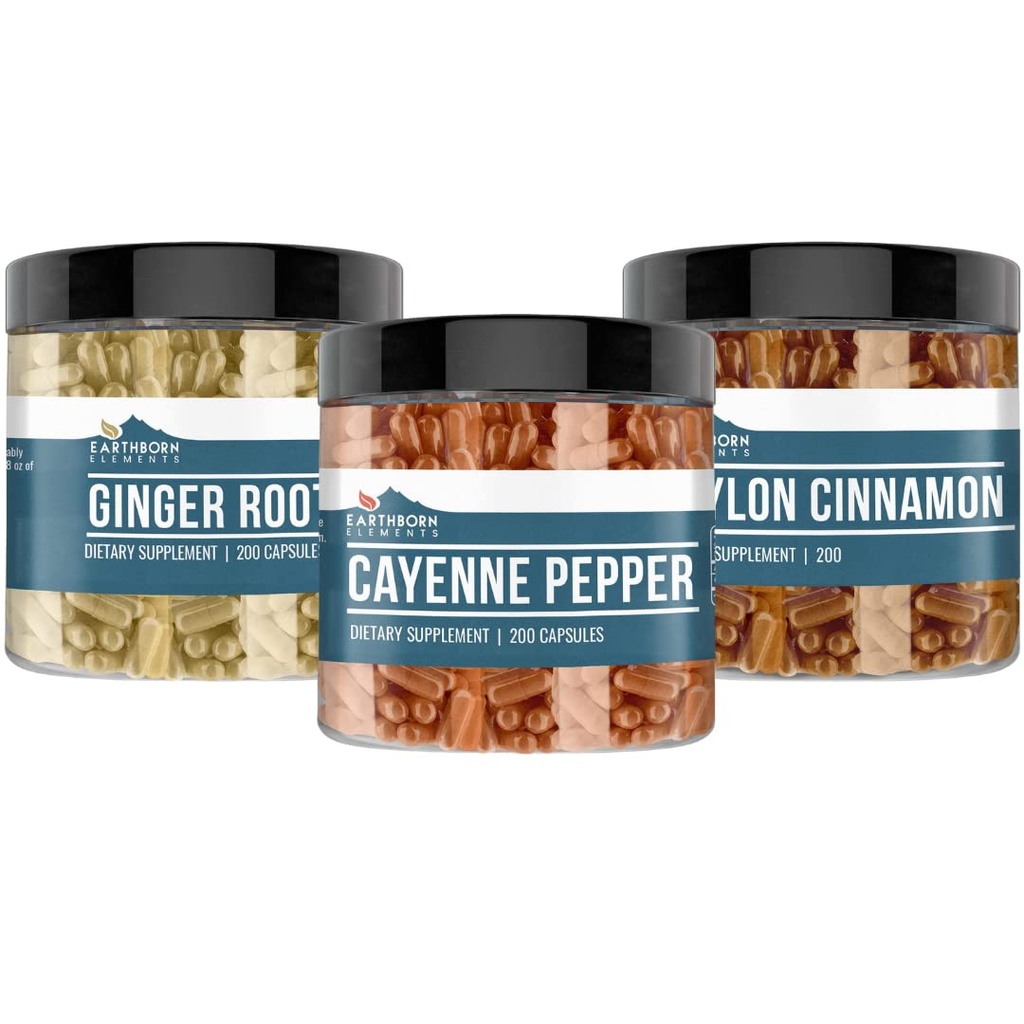Maapealsed elemendid Cayenne Pepper, Ceylon Cinnamon & Ginger Root Bundle (200 kapslit igaüks), Pure & Undited, Ei Lisandid