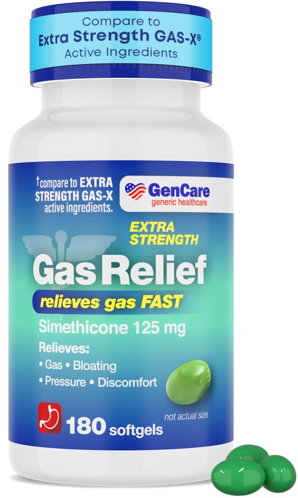 GenCare - Extra Tugevus gaasi Relief Simethicone 125mg (180 Softgels) Maksimaalne tugevus Anti Gas Pills Bloating Relief, Rõhu Ja Ebamugavus - Võrreldes Generic Extra Tugevus Gaas X