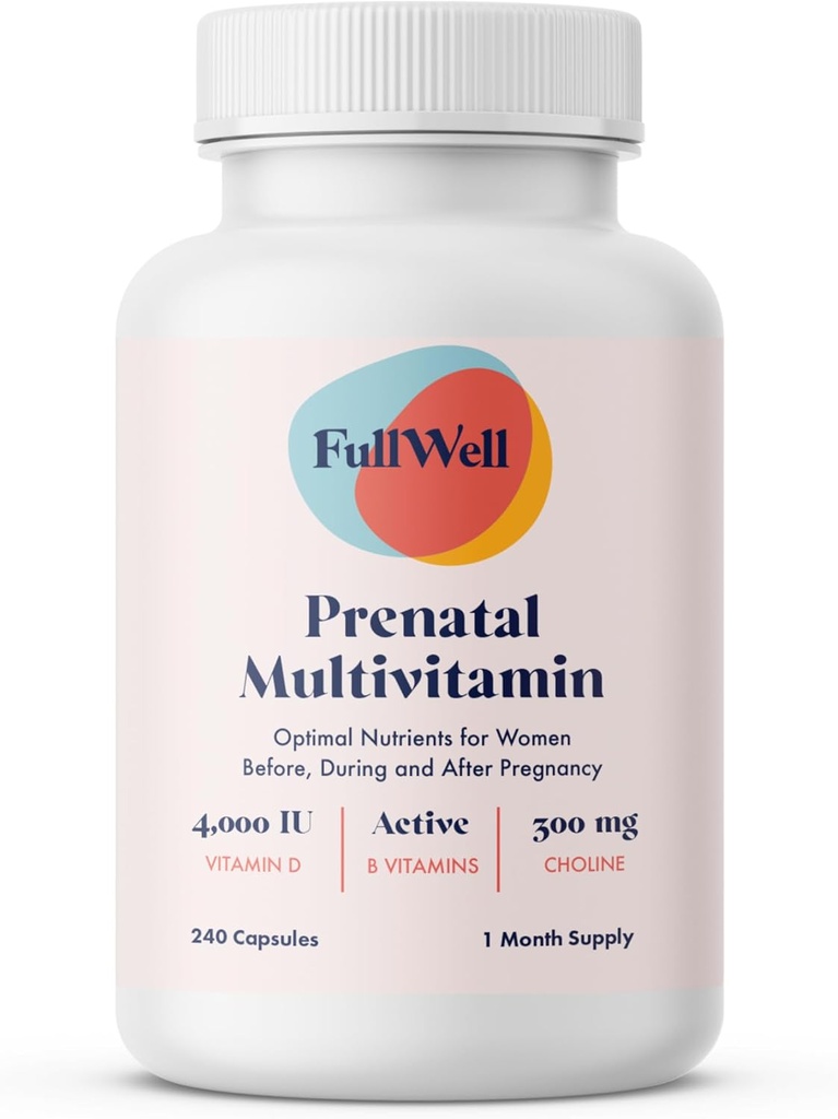 FullWell Prenatal Vitamins | Choline, folate, Vitamin D for fetal Growth, Brain Development | 26+ Vital Nutrients | Dietitian-Formulated, OBGYN Recommended, Non-GMO, 3rd Party Tested, 30 Servings