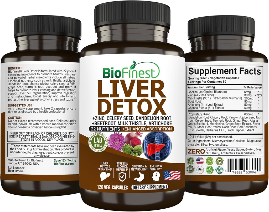 BioFinest Maksa Detox Supplement - 22 Toitainet Piimaohakas Artišokk Selleri Seed Chanca Piedra Beet Root Dandelion Turmeric Ginger - Alkohol Puhasta energia Seedimine Metabolism (120 Veg. Kapslid)