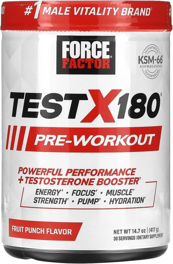 FORCE FACTOR Test X180 Pre-Workout Powder & Energy Supplement, Boost Focus & Kestvus, Ehita lihased ja tugevus, L-Citrulline, Puuvilja Punch, 30 Servings