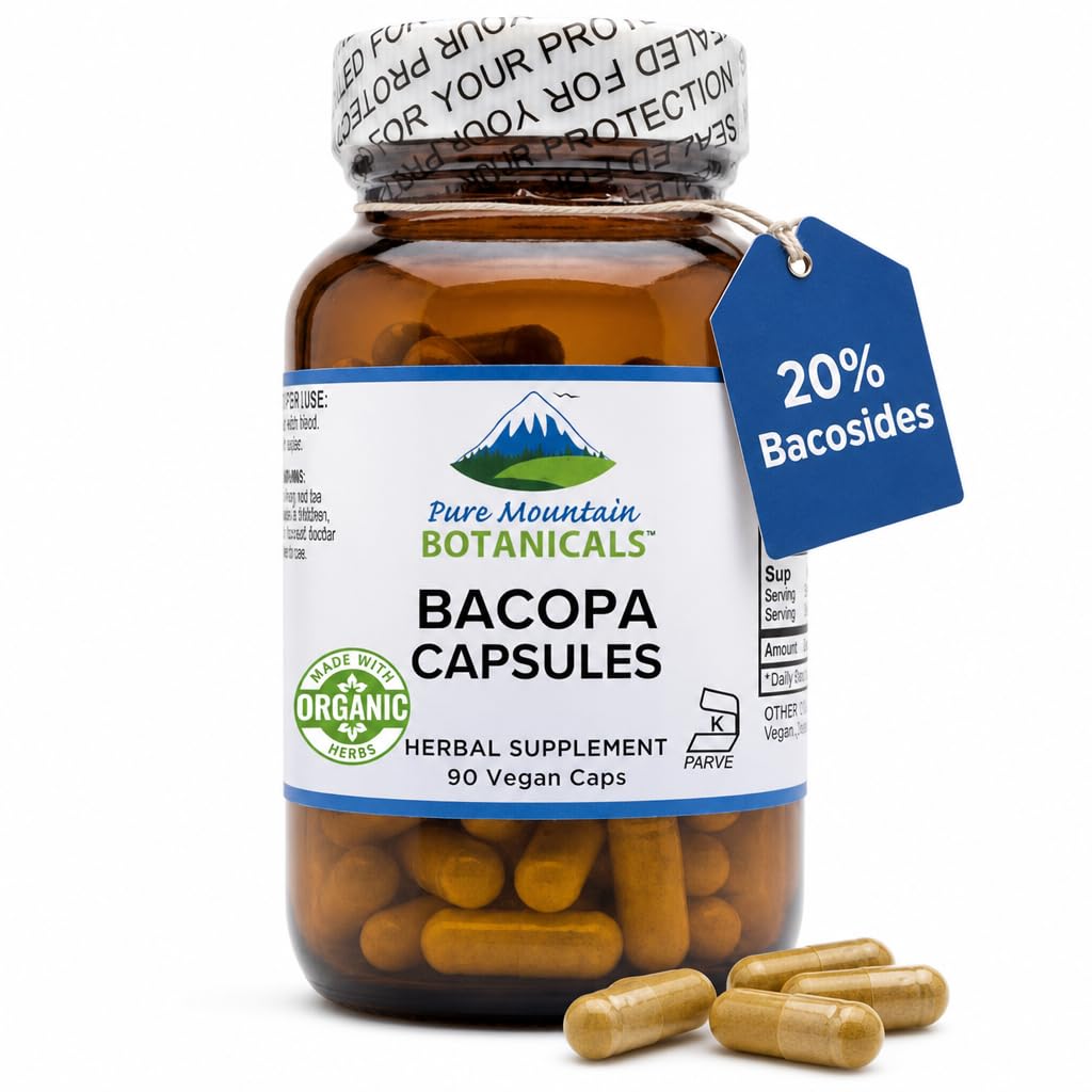 Pure Mountain Botanicals Bacopa Monnieri kapslid - Vegan kapslid orgaanilise Bacopa ja standardiseeritud Bacopa ekstrakti täiendada