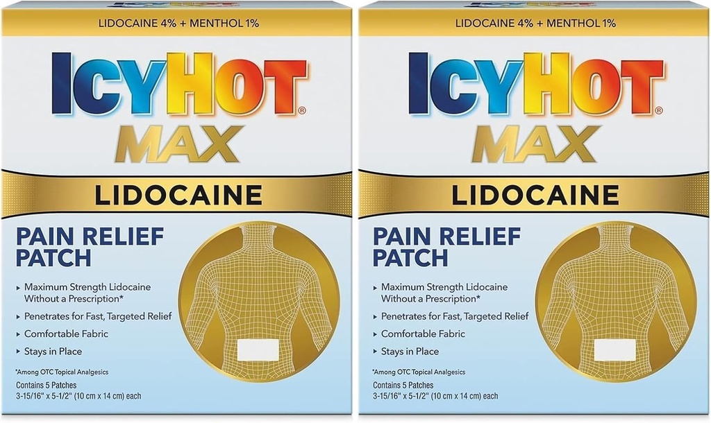 Icy Hot Max Tugevus Lidokaiini Valu leevendamise plaaster (5 krahv) tungib kiire, sihitud abi (pakk 2)