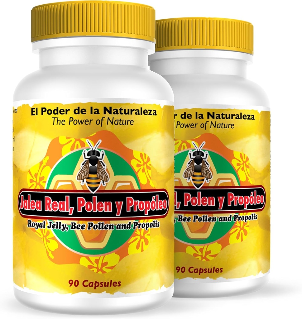 Nutrisalud Products Jalea Real, Polen y Propoleo en UNA sola capsula. Maxima Potencia. Tonico rejuvenecedor , energia Natural , .Set de 2 frascos con 90 caps . c/u.