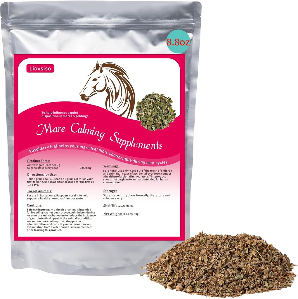 8.8 oz Horse Calming Supplement - Natural Vaarika Leaf leevendab ärevust ja ebamugavust Moody Mares, rahus ajal kuuma tsüklit - Sobib Geldings liiga