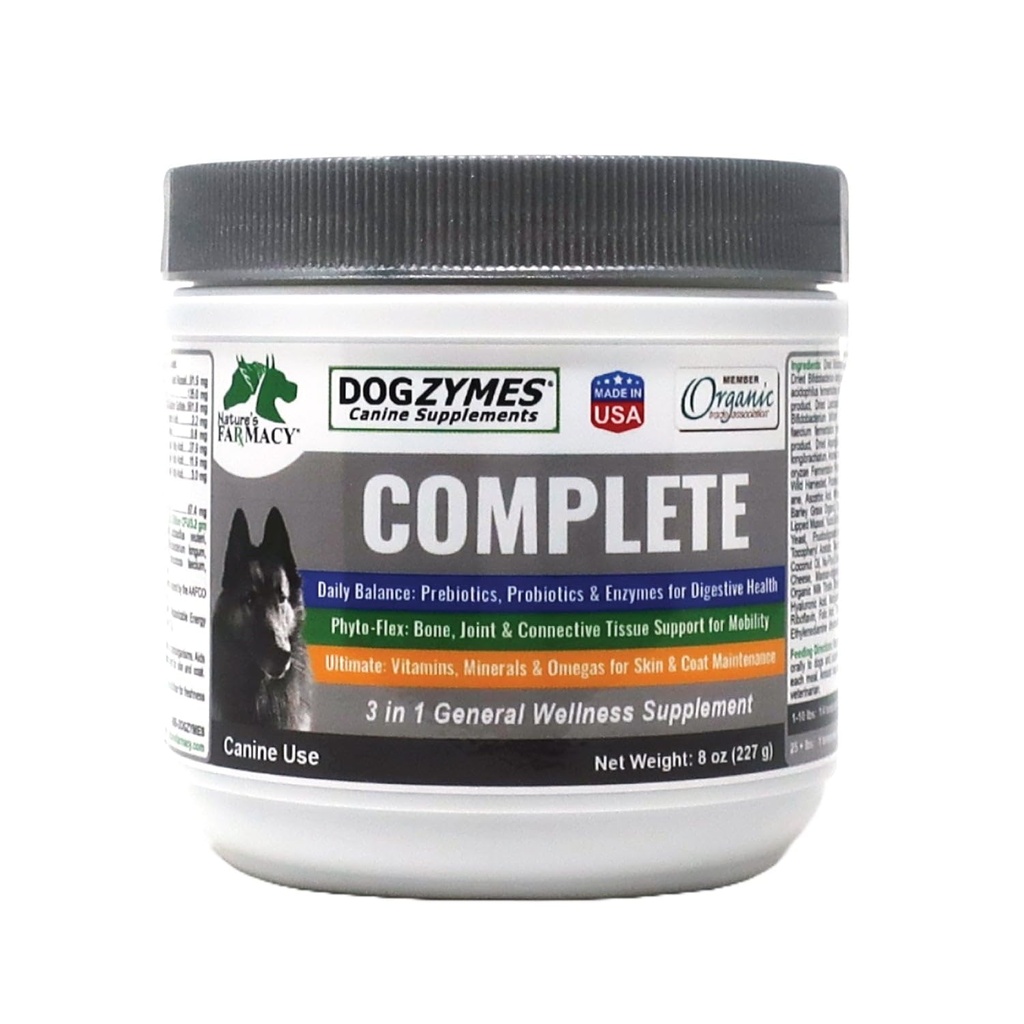 Dogzymes Complete - probiootikumid, prebiootikumid, glükoosamiin, kondroitiin, MSM ja hüaluroonhape, täielik naha- ja nahahooldus (8 Ounce)