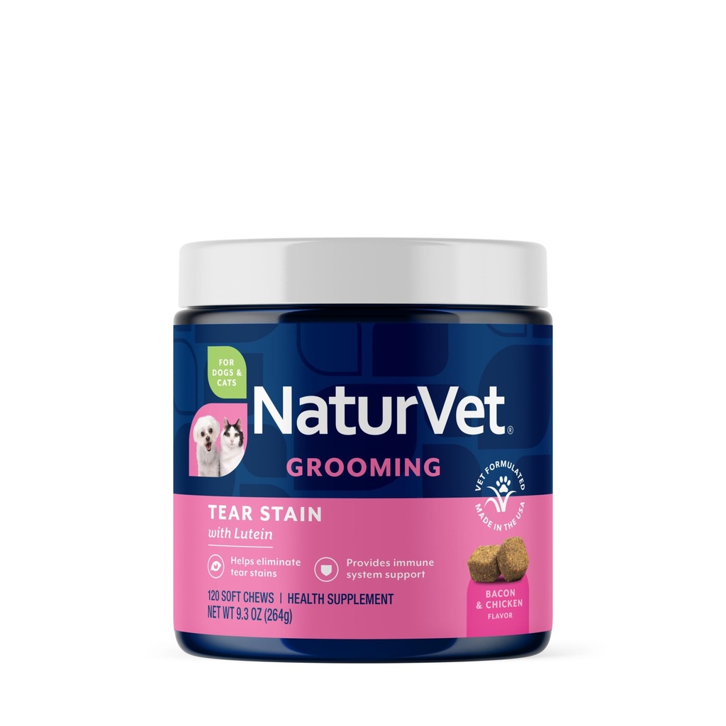 NaturVet Lutein Tear plekilisandid koertele ja kassidele - ennetab koera, kassitõugude pisaraid - sisaldab Oregoni viinamarjajuurt, vahukommi juurt, Jõhvikaekstrakti - 120 Ct.