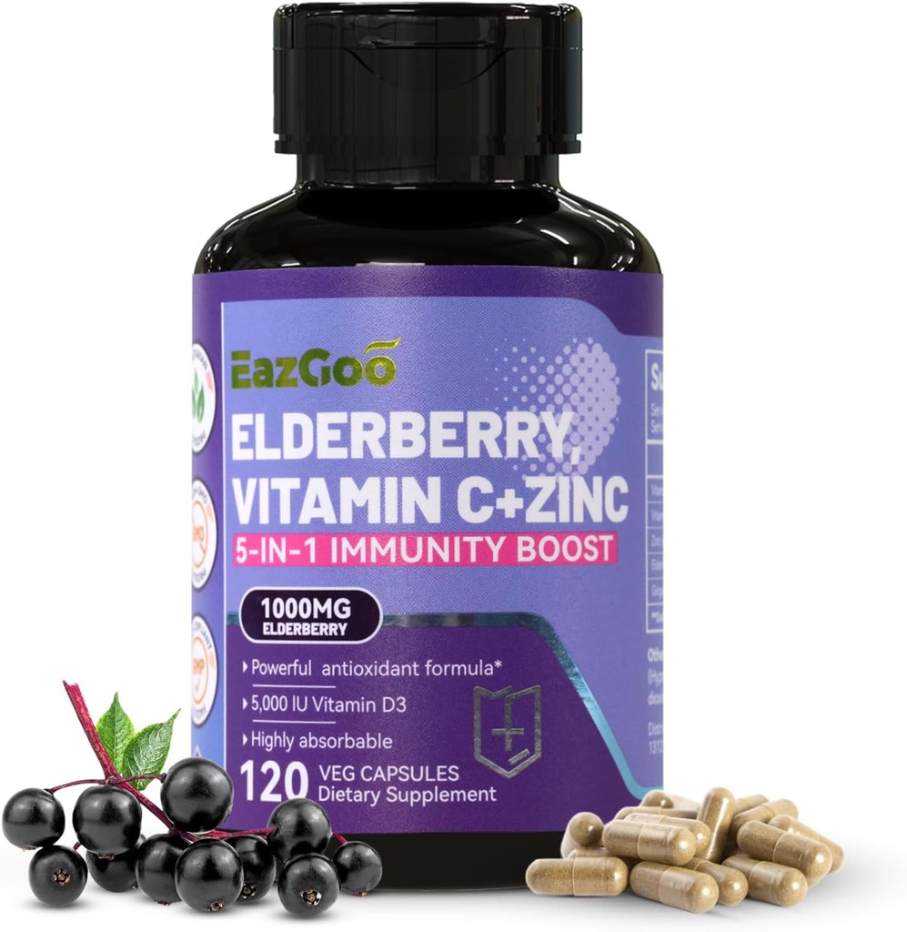 Sambucus Elderberry koos tsink ja vitamiin C - 5 in 1 Immune Support Supplement, mitte-GMO, 120 taimetoitlane kapslid, 2 kuud pakkumise