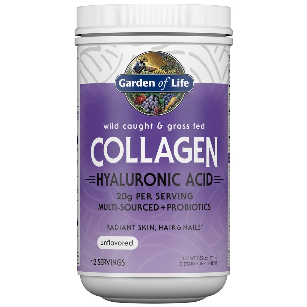 Life Garden Marine & Grass-Fed Kollageeni Peptiidide lisand (tüüp I, III) probiootikumidega, BCAA-de ja hüaluroonhappega kiirgavate juuste, naha ja küünte jaoks - maitsestamata, 20 g serveerimise kohta, 12 serveerimist