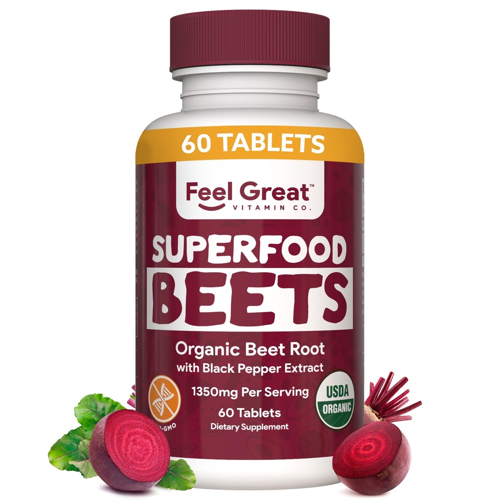 Feel Great Vitamiinid Orgaaniline peedi juurepulber Toidulisandid (tabletid) | Peet Lämmastikoksiidilisand | Punapeedipulber toetab tervislikku ringlust looduslike nitraatidega loodusliku energia jaoks *