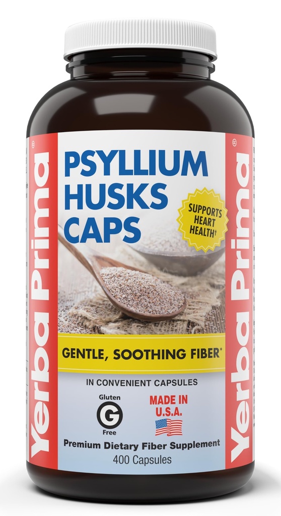 Yerba Prima Psyllium Husks kapslid, 625 mg, 400 kapslit - looduslik kiud meestele ja naistele - Regulaarsuse tugilisa