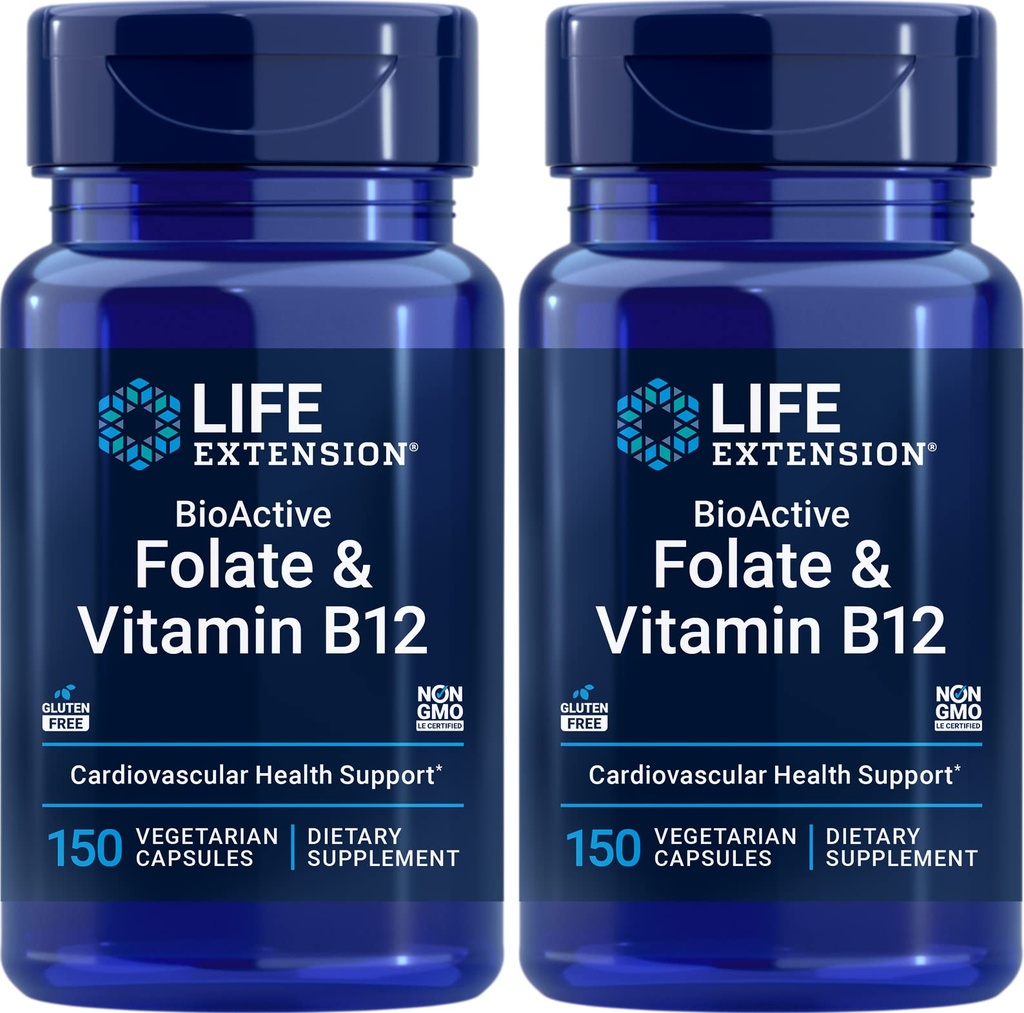 Elu pikendamine BioActive Folate & Vitamiin B12, 150 Taimekapslit (pakk 2), Mitte-GMO, Gluteenivaba