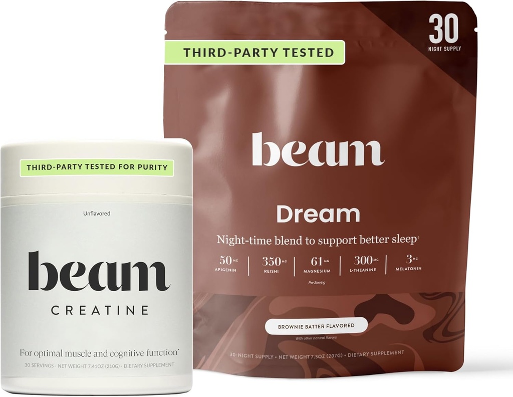 Beam Dream Sleep Powder & Kreatiin Bundle, kolmanda osapoole testitud looduslik uneabi ja taastamise lisa mikroniseeritud kreatiini monohüdraadiga, maitsestamata puhas kreatiini pulber lihaste tugevuseks, energia