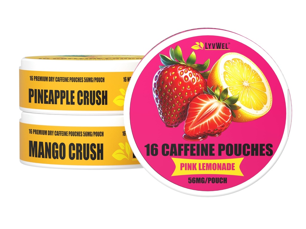 LyvWel 56mg Kofeiini energiakotid - roosa limonaad, ananassipuru, Mango Crush - puuviljane puhas energia ja fookuse suurendamine Guaranaga - 3-pakiline proovivõtja (48 kogu kotti)