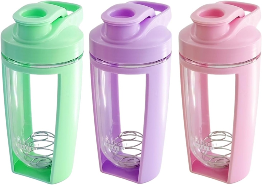 Moonlight Makers Set of 3 Cute 16oz Protein Shaker Bottle, Steel Whisk Ball - Leakproof, Dishwasher Safe Gym Bottle, Shaker Cups for Protein Shakes, Preworkout Drinks Mixer Cup - Pink, Green, Purple