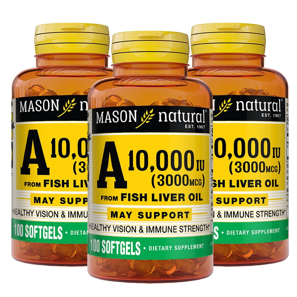 MASON LOODUSLIK A-vitamiin 3000 mcg (10 000 RÜ) kalamaksaõlist, toetab visiooni ja immuunsüsteemi tervist, 100 softgels, pakendis 3