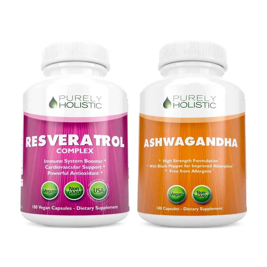 Puhtalt holistiline Resveratrol 1450mg + orgaaniline Ashwagandha 1300mg & Black Pepper - Vegan Bundle - 180 + 180 kapslit - pakendatud potentsi antioksüdantidega - valmistatud USA-s