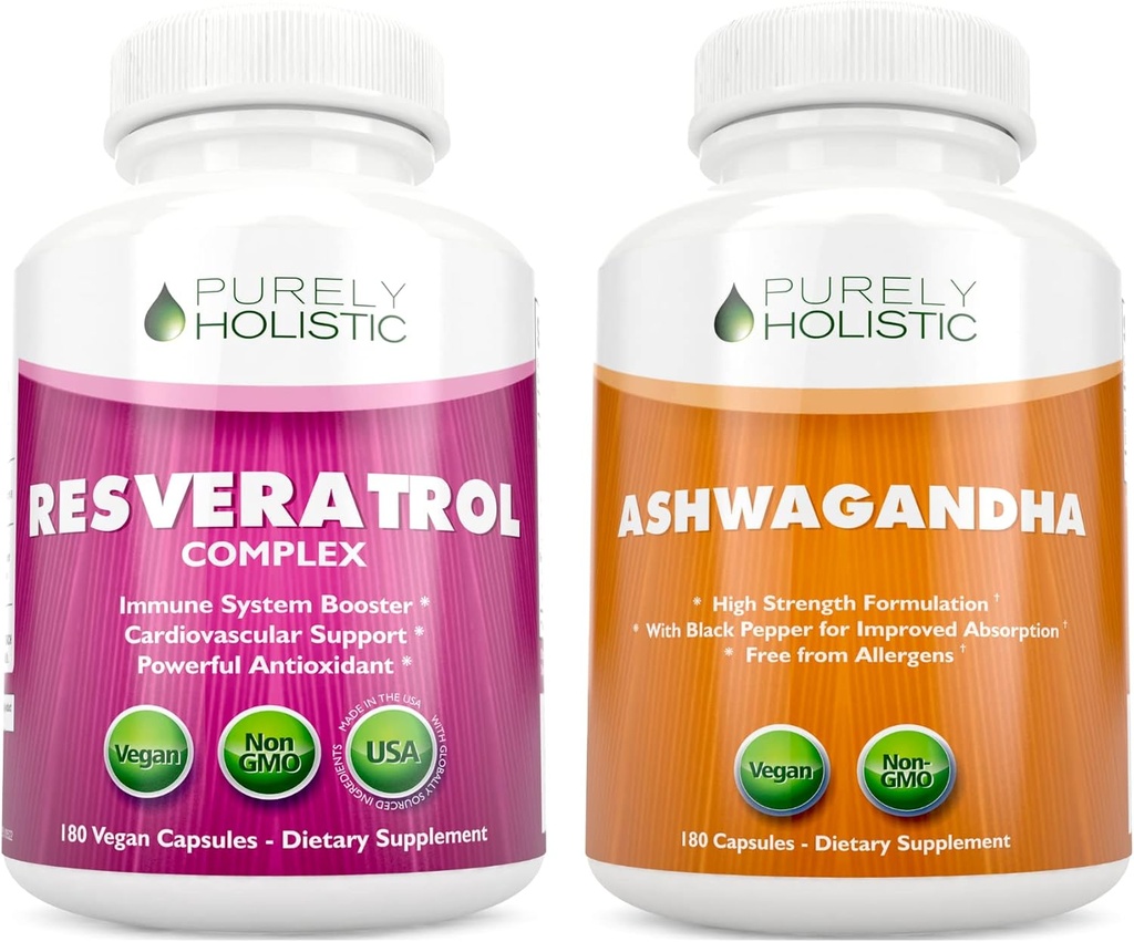 Puhtalt holistiline Resveratrol 1450mg + orgaaniline Ashwagandha 1300mg & Black Pepper - Vegan Bundle - 180 + 180 kapslit - pakendatud potentsi antioksüdantidega - valmistatud USA-s