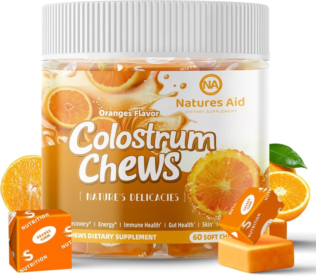 Colostrum Chews Täiendus probiootikumidega soolestiku tervise, puhituse, immuunsuse, naha, juuste kasvu ja ilu jaoks - oranž maitse (60 serveerimist)