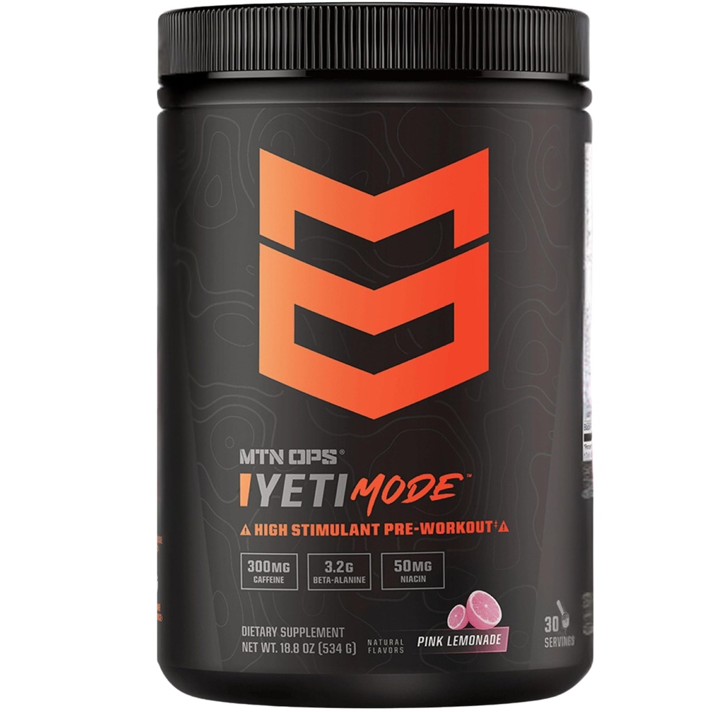 MTN OPS Yeti Mode Pre-Workout Pulber - plahvatusohtlik kõrgstimulant 300mg kofeiini, kreatiini monohüdraadi, beeta-alaniini ja 45mg niatsiiniga - roosa limonaad Maitse 30 teenindustorus