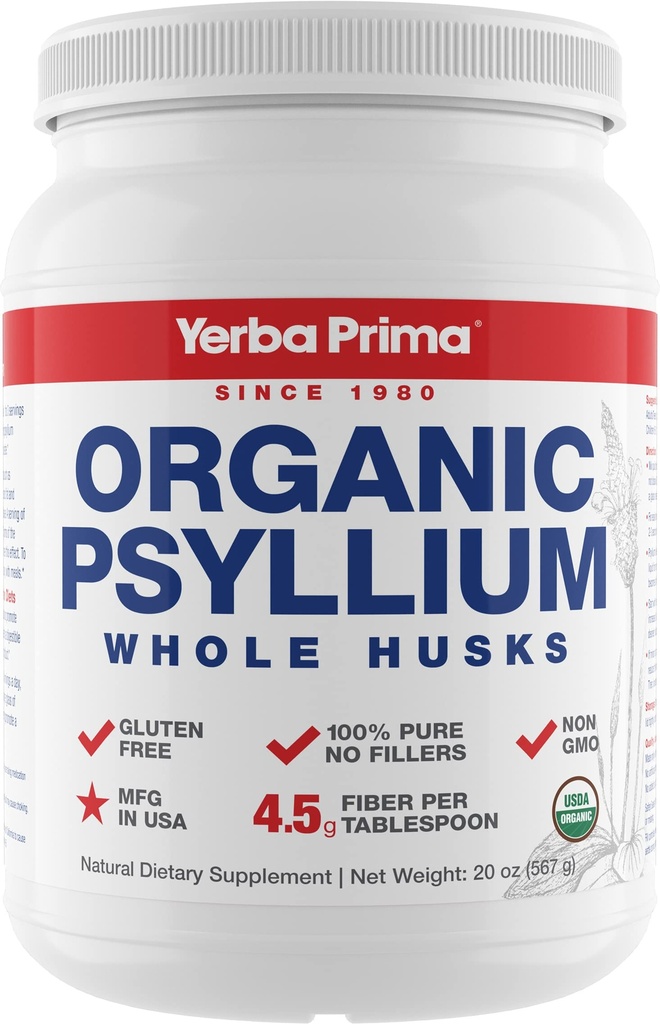 Yerba Prima Orgaaniline Psyllium Whole Husks Colon Cleanser - 20 oz - Natural Daily Dietary Fiber Supplement 20oz, Colon Cleanser, Regularity & Detox Cleaning Support, Gluteenivaba, Non GMO, Vegan