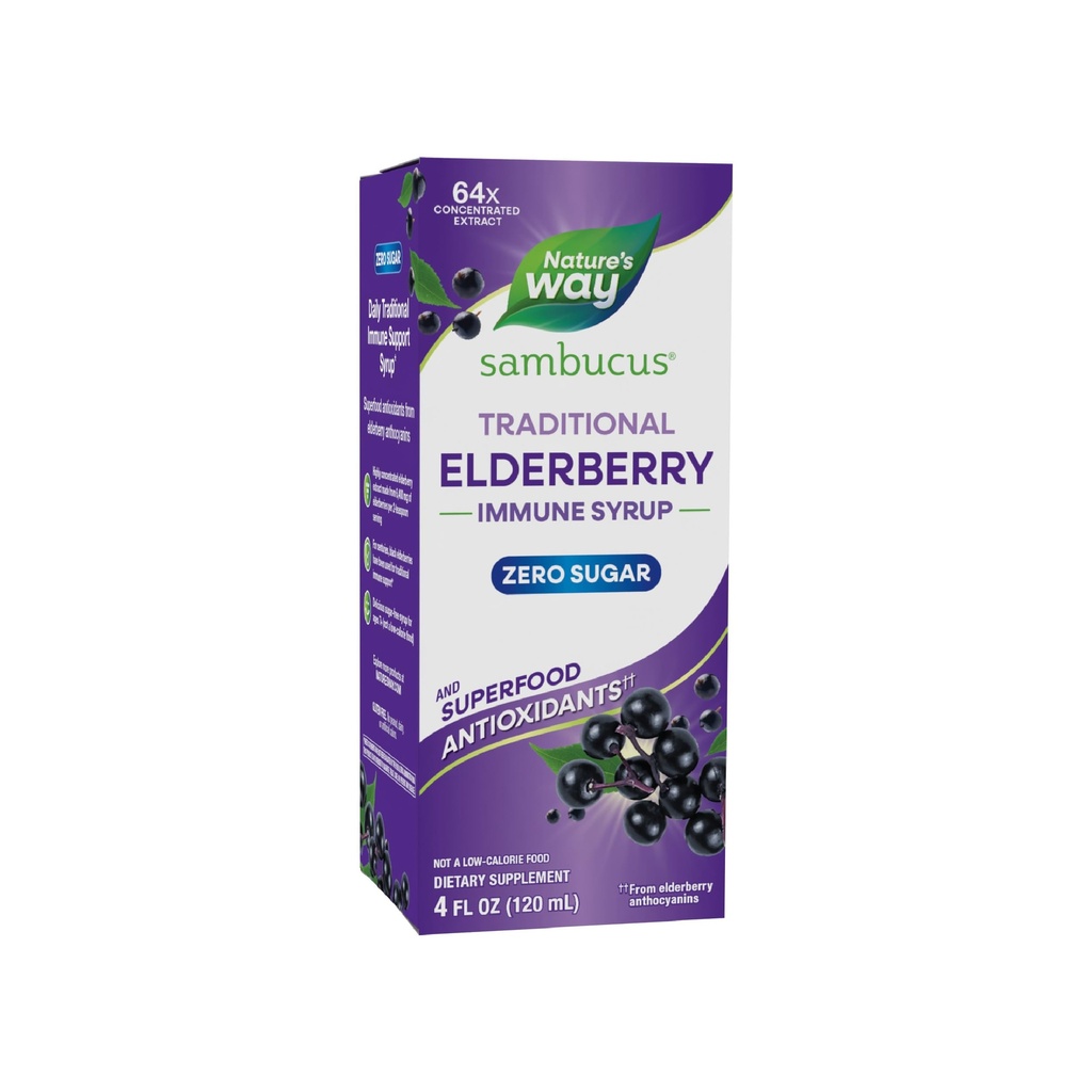 Nature's Way Sambucus Zero Sugar Traditsiooniline immuunsüsteemi siirup, väga kontsentreeritud must leedripuu ekstrakt, traditsiooniline immuuntoetus *, koos supertoidu antioksüdantidega(1), 4 Fl Oz (pakendamine võib varieeruda)