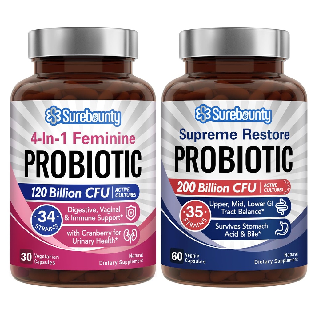 Probiootikum Bundle, 4-in-1 naiselik probiootikum (30ct) ja Probiootikumi kõrgeim taastamine (60ct), 2 pakendit, Jõhvika vaginaalne tugi, GI Tract Balance, Vegan, Non-Dairy
