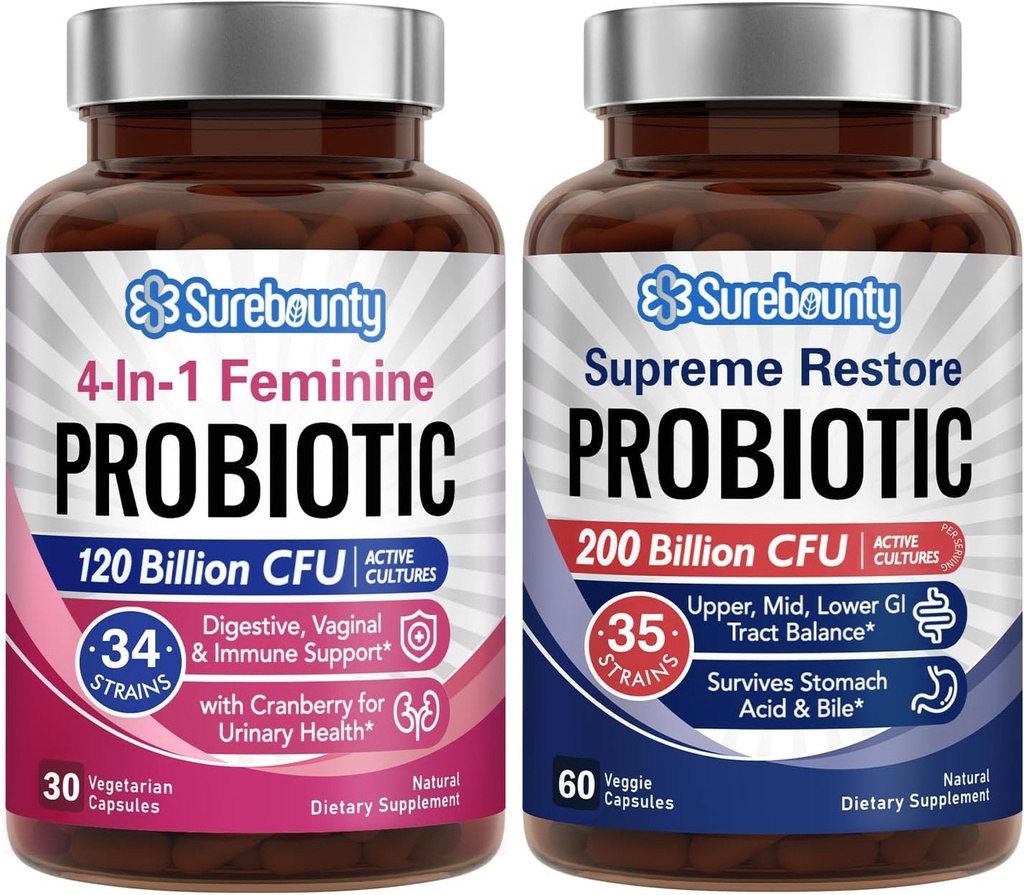 Probiootikum Bundle, 4-in-1 naiselik probiootikum (30ct) ja Probiootikumi kõrgeim taastamine (60ct), 2 pakendit, Jõhvika vaginaalne tugi, GI Tract Balance, Vegan, Non-Dairy