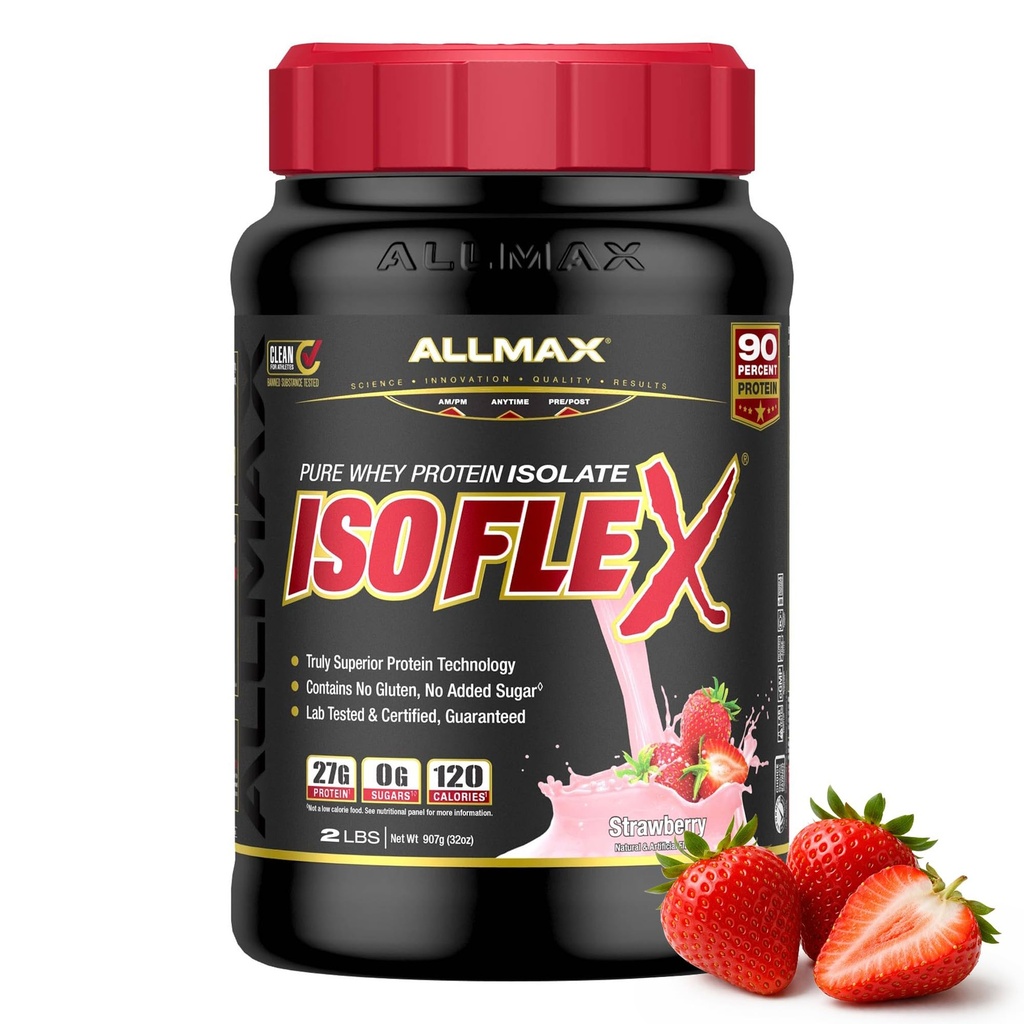 ALLMAX Nutrition ISOFLEX Vadakuvalk isolaat, maasikas - 2 naela - 27 grammi valku Scoopi kohta - nullrasv ja suhkur - 99% laktoosivaba - gluteenivaba ja sojavaba - ligikaudu 30 serveerimist