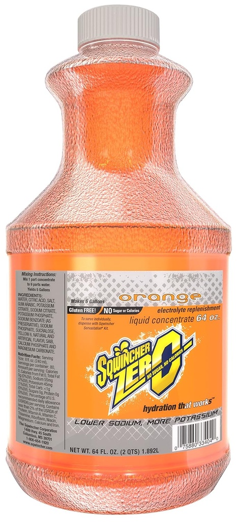 Sqwincher Zero Vedelik Kontsentraat range Oranž Maitsestatud | Suhkruvaba | Madal kalorsus | Madal naatrium | Elektrolüütide täiendamine Hüdrojoogisegu | Teeb 5 gallonit jooki | 64 oz (6 pakk)