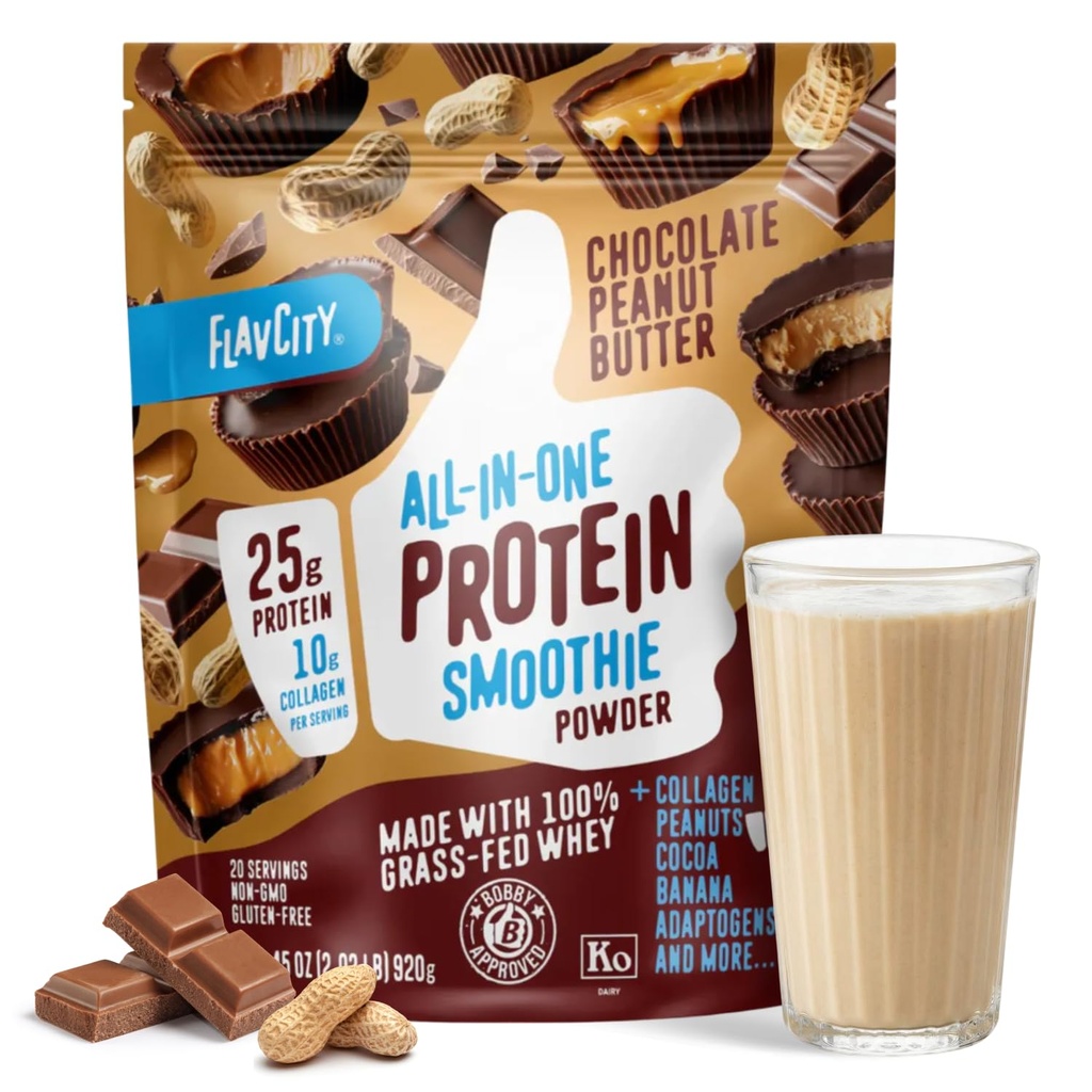 FlavCity Grass Fed Whey Chocolate Protein Pulber - Šokolaadi maapähklivõi - 25 g valku ja 10 g kollageeni - Valmistatud orgaanilisest kakaost ja kookospiimast - Gluteenivabad ja lisamata suhkrud (20 serveerimist)