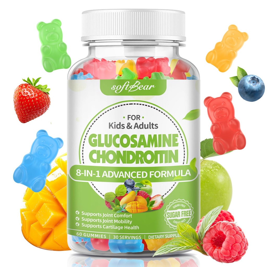 pehmekaru Glükosamiin Kondroitiin Gummies täiskasvanutele, Suhkruvaba Kondroitiin & Glükosamiin Toidulisandid ühine toetus, segatud puuviljamaitse, 60 Count