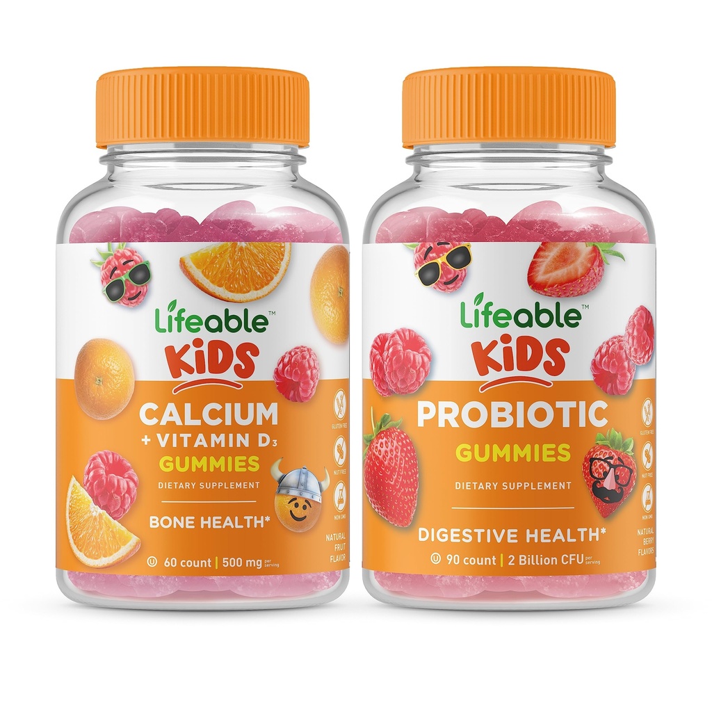 Elujõuline kaltsium D-vitamiini lastega + probiootilised 2 miljardit CFU lapsed, Gummies Bundle - suurepärane maitse, vitamiinilisand, Gluteenivaba, GMO-vaba, närimiskumm