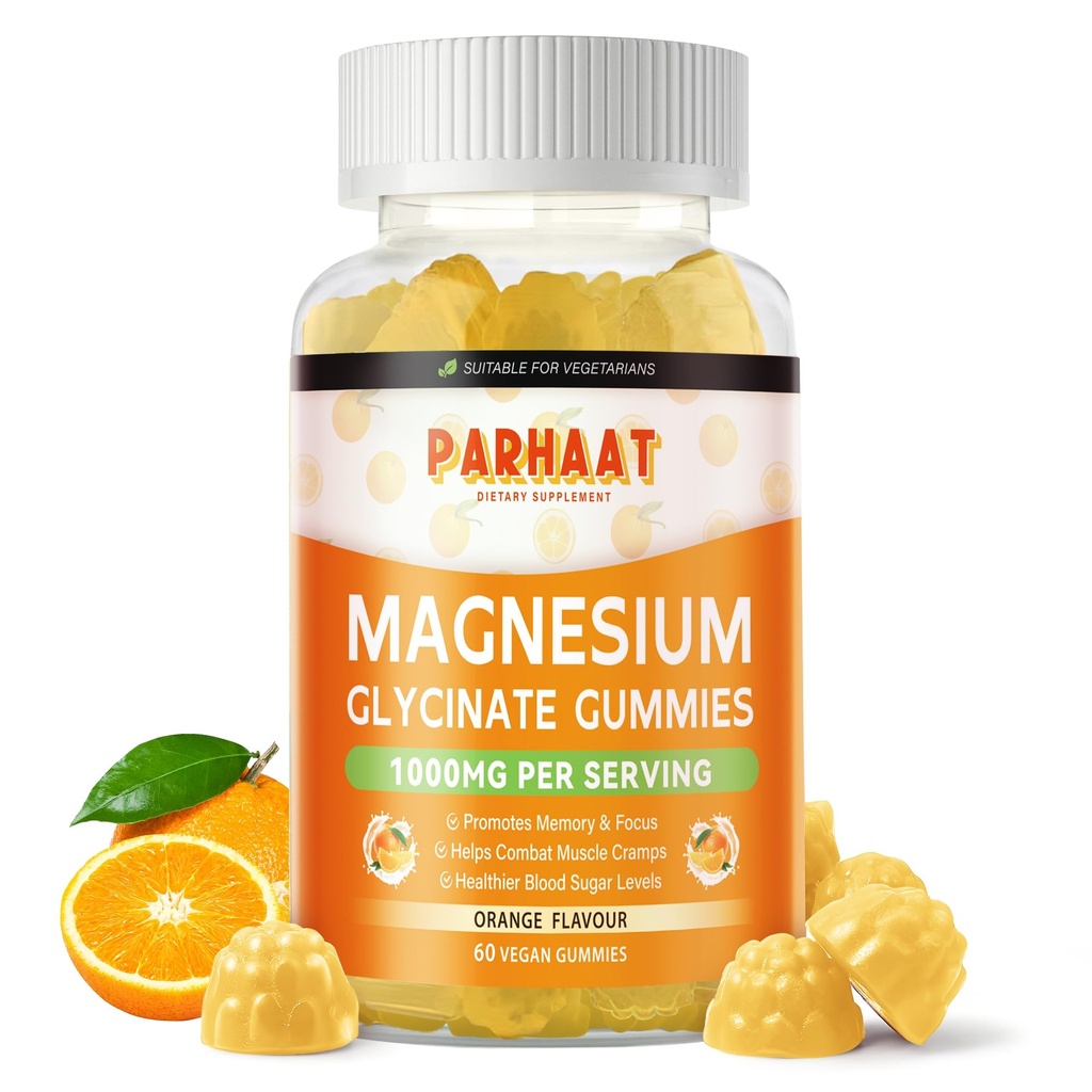 Magneesiumglütsinaatkummid 1000mg - suhkruvaba magneesiumi kaaliumi lisand D-vitamiiniga, B6, CoQ10 rahuliku meeleolu ja une toetamiseks - 60 apelsini kummid