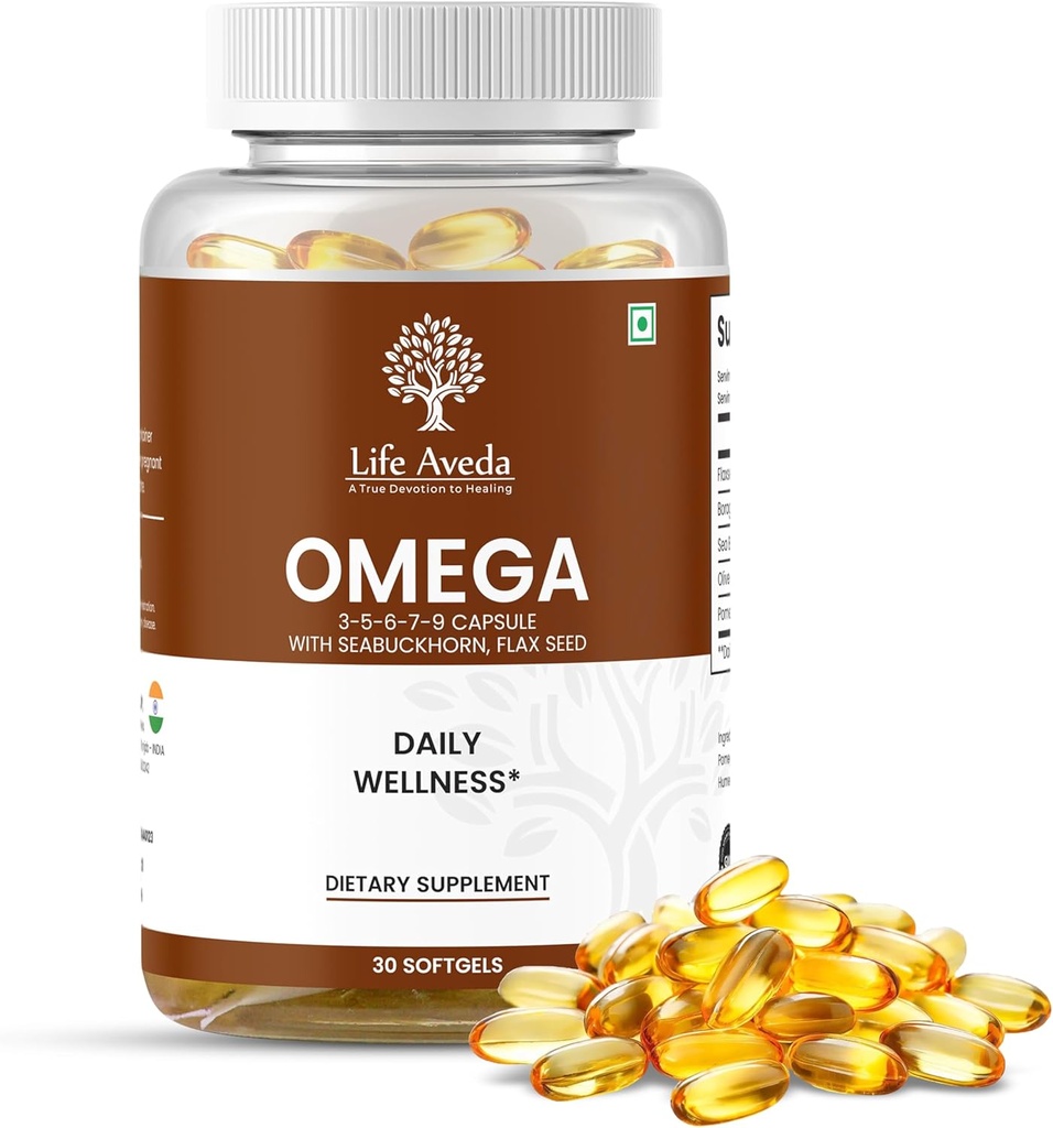 Life Aveda Omega 3-5-6-7-9 kapslid Seabuckhorni ja linaseemnetega meestele ja naistele, toetab südant, juukseid, nahka ja liigeste tervist ja looduslikku toitumist - 30 Softgel kapslit (1 kuu pakkumine)
