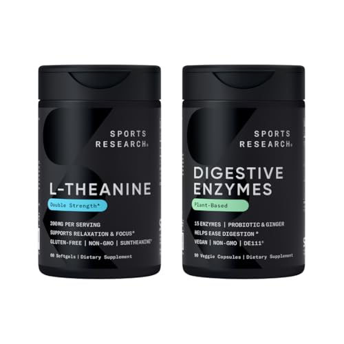Sport Research Double Strength L-Theanine Supplement Suntheanine Softgels Fookuses, Lõõgastav & Alertness kookosõli 60 Count ja seedeensüümid + probiootikumid ja ingveri taime baasil 90 Count