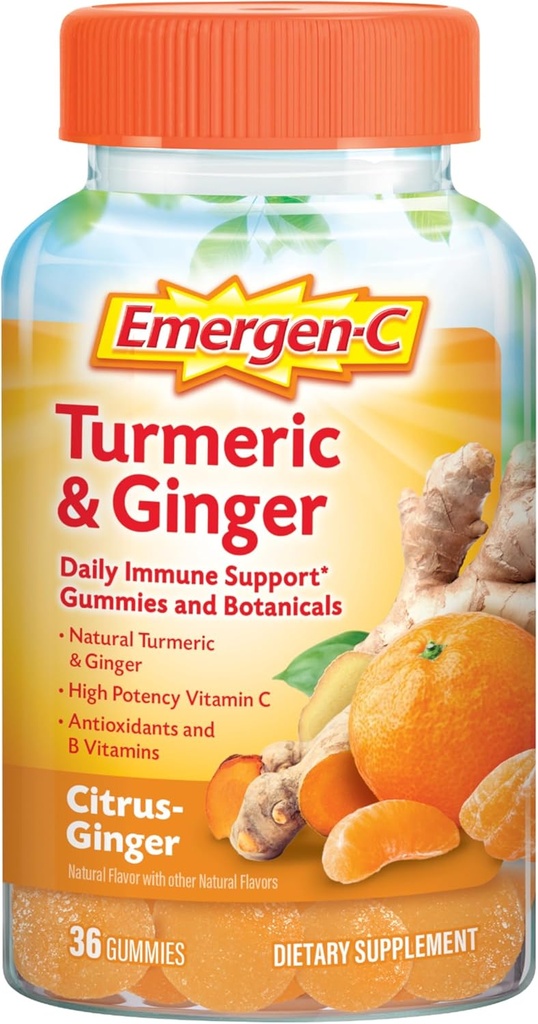 Emergen-C tsitrusviljad-ingver Gummies, kurkum ja ingver, immuunsus toetab looduslikke maitseid, millel on kõrge potentsi C-vitamiin, tagasi kooli olulised - 36 krahv