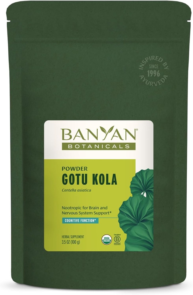 Banyan botaanika Gotu Kola pulber – orgaaniline Brahmi (Centella Asiatica) – rahustav nootroopne maitsetaim närvisüsteemi toetamiseks ja tervislikuks nahaks * – 3,5 oz. – mitte-GMO jätkusuutlikult hangitud vegan