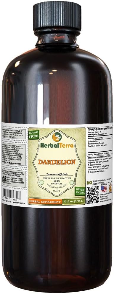 Dandelion (Taraxacum Officinale) Tinktuur, Organic Dried Roots Vedel Extract (Brand Name: HerbalTerra, Proudly Made in USA) 32 fl.oz (0,95 l)