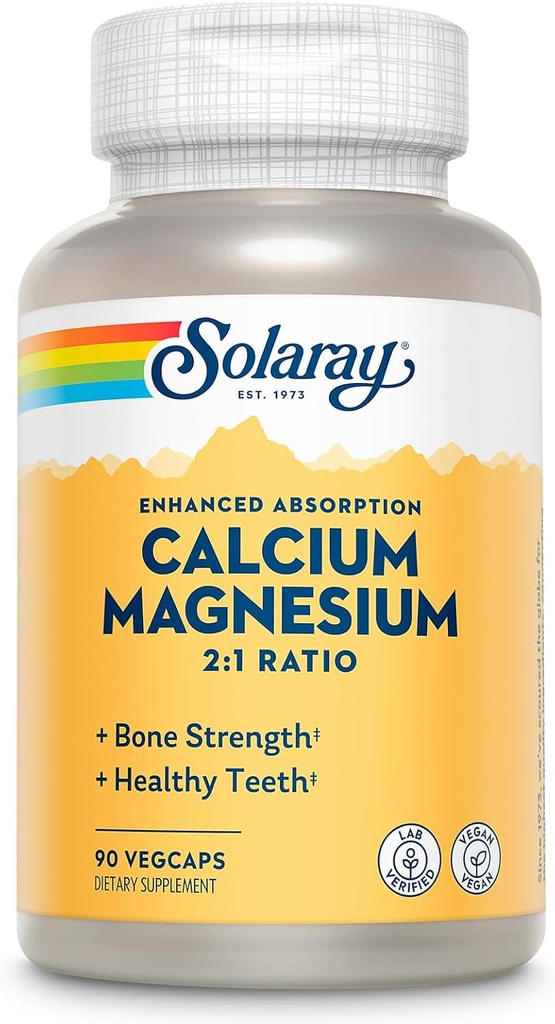 SOLARAY Kaltsium Magneesiumilisand, magneesiumi ja kaltsiumi lisandid naistele ja meestele, 2: 1 suhe, luu tervis ja tugevus, vegan, kõrge imendumine, 60-päevane garantii, 22 Servings, 90 VegCaps