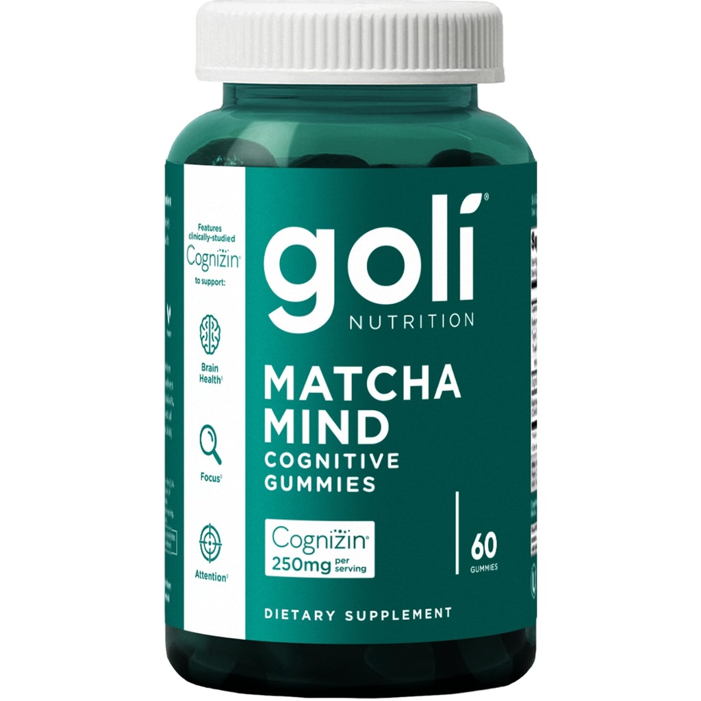 Goli Matcha Mind Gummies - 60 Count - roheline tee jätab pulbri koos Cogniziniga fookuse, tähelepanu ja aju tervise, vegani, mitte-GMO, Gluteenivaba ja želatiin tasuta.
