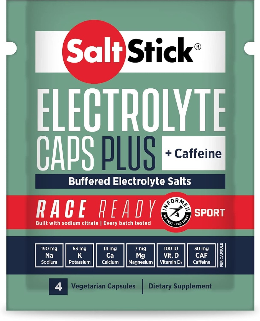 SaltStick Race Valmis elektrolüütkapslid kofeiiniga | 96 kapslit | Soolapillid jooksmiseks, hüdreerimiseks, aitab vähendada lihaskrampe | 24 paketti, 4 kapslit Iga