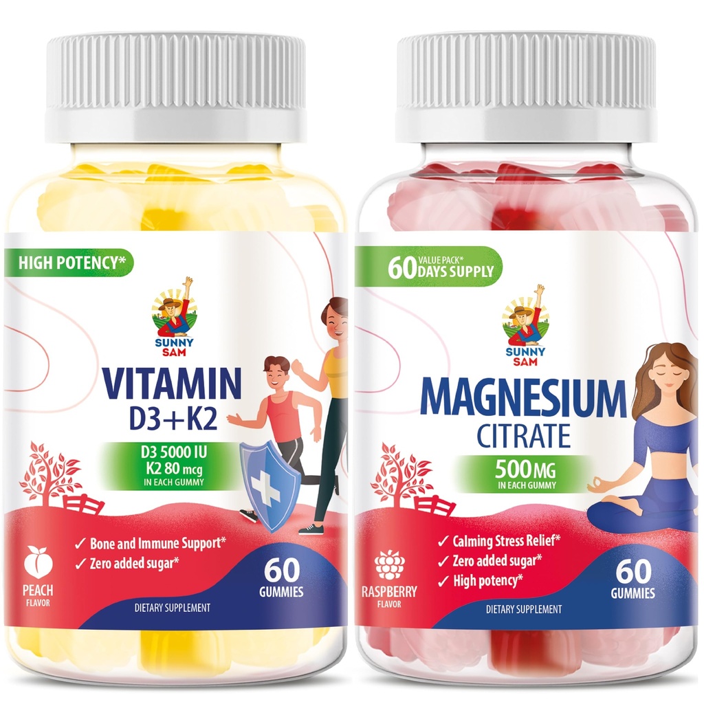 Vitamiin D3 K2 Gummies 5000 RÜ - Immuun- ja luude asendaja ja magneesiumkummid lastele ja täiskasvanutele - 500 mg