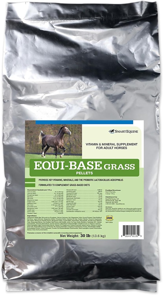 SmartEquine EquiBase Grass Pellets | Horse Vitamins & Minerals Supplement, Forage Balancer | Horses in Light to Moderate Work | 30 lb Bag
