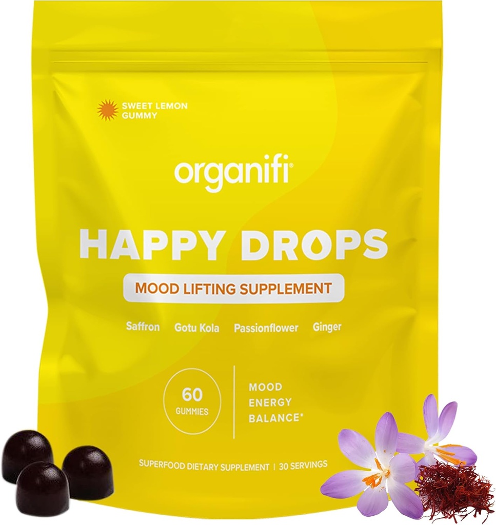 Organifi Happy Drops - Daily Superfood Happy Gummies täiskasvanutele - Mood Support Supplement tasakaalu, õndsuse, energia ja võttes serva ära - Sweet Sidrun Maitse - 60 Gummies