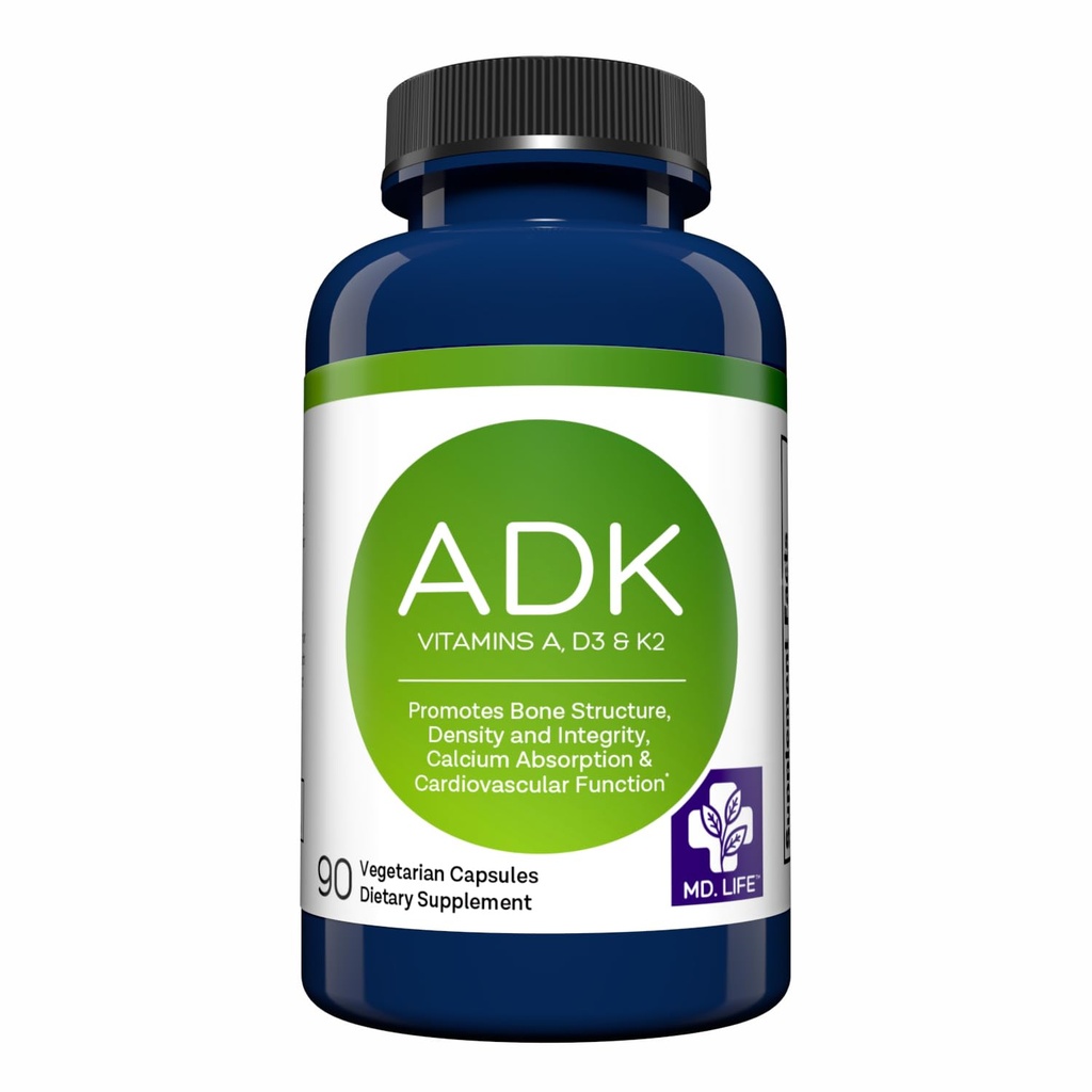 MD.LIFE ADK vitamiinilisand - D3-vitamiin K2 ja A kompleks - 120 kapslit - kõrge tugevusega vitamiin ADK luude ja südame tervise toetamiseks