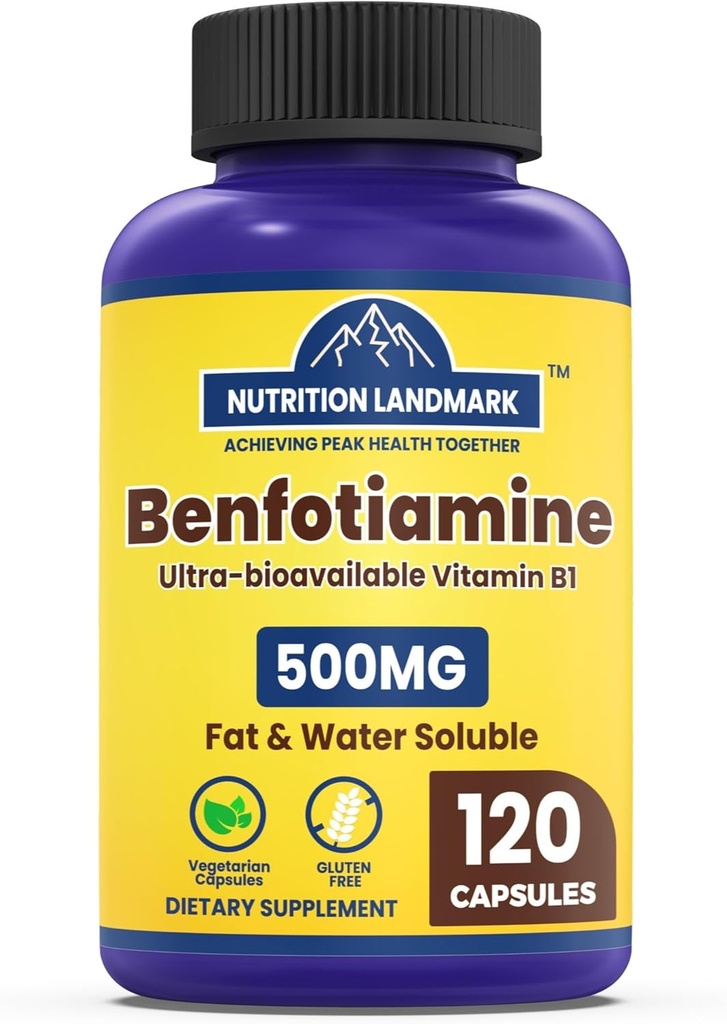 Benfotiamine 500mg Per Serving, 120 Veggie Capsules (250mg Per Cap) – Fat Soluble Vitamin B1 Thiamine Supplement – 3rd Party Tested, Vegan, Non-GMO, Gluten Free